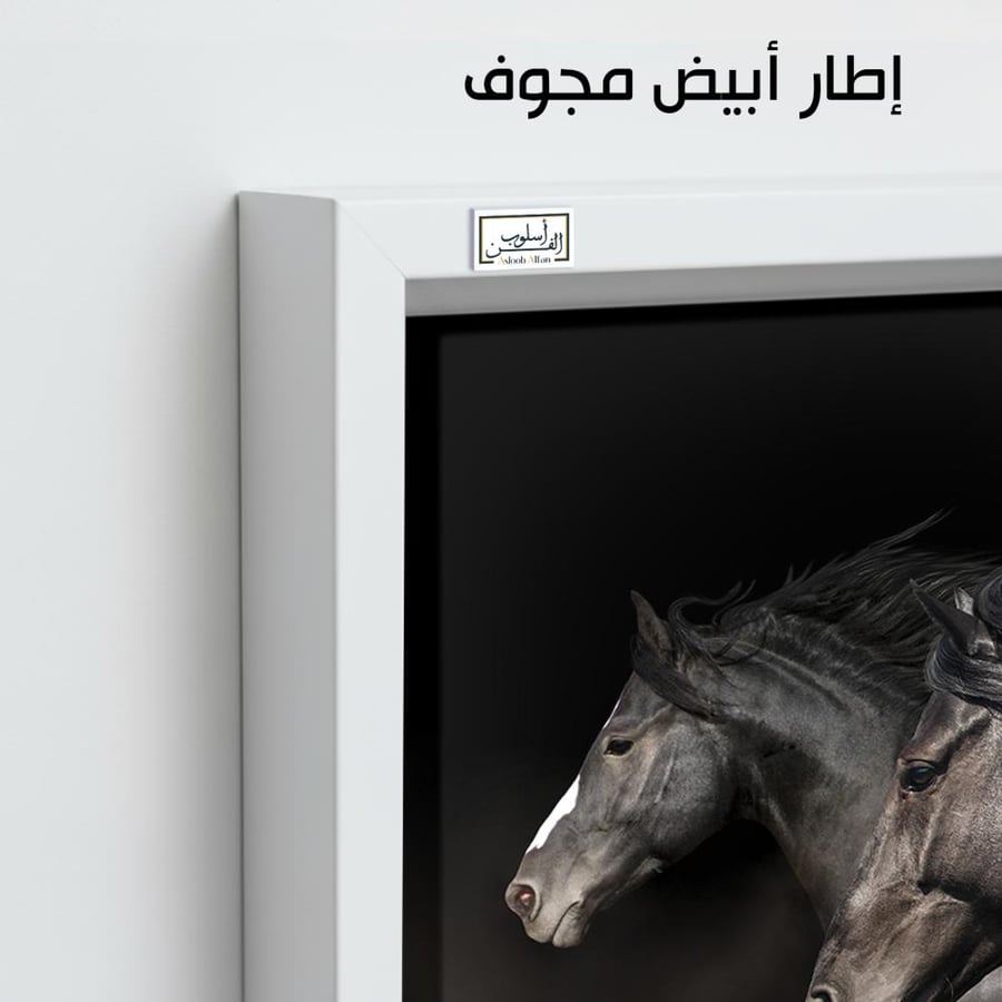 HR60  A contemporary black and white art painting depicting three beautiful black horses, their heads facing the same direction, against a misty background. The scene conveys power and unity