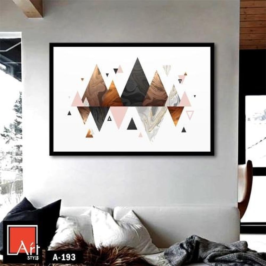 A193 A modern wall art piece with a geometric design of triangles in warm colors and an abstract style, adding a touch of elegance and simplicity to the decor.