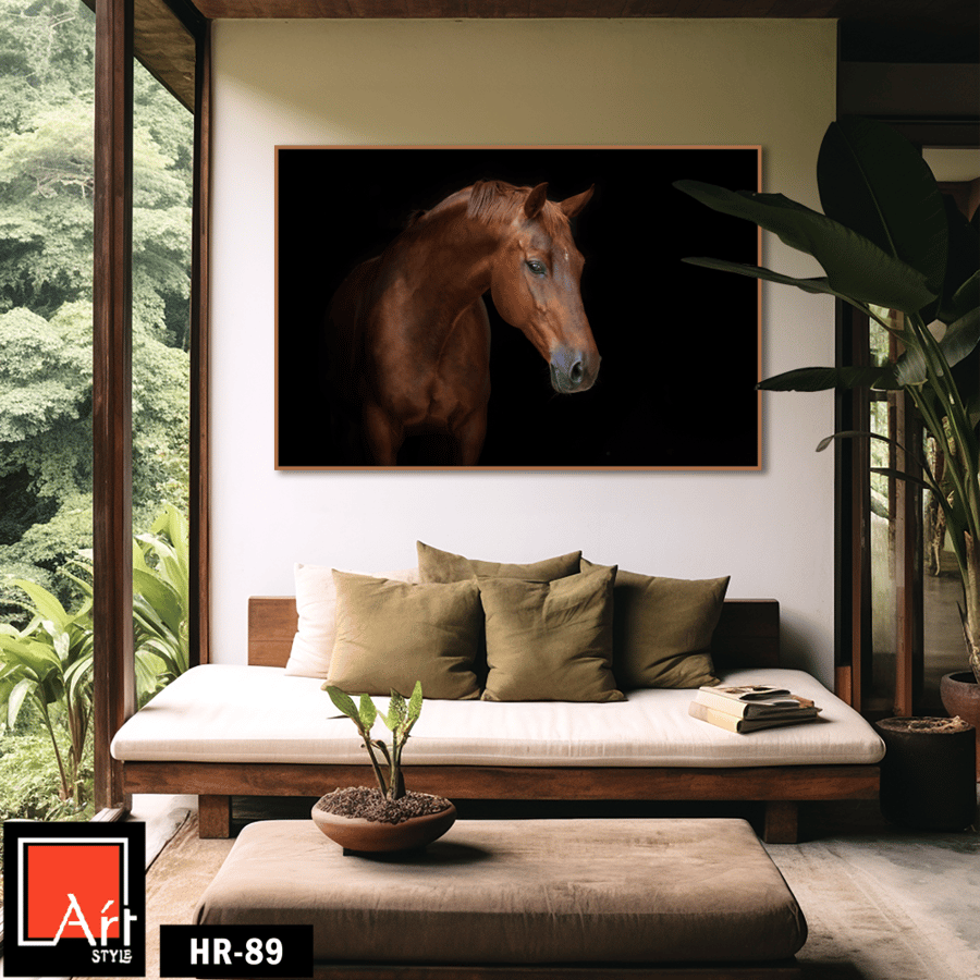HR89 A contemporary art piece depicting a dark chestnut Arabian horse's head against a black background. The painting captures the calmness and strength of the Arabian horse, bringing a sense of mystery and elegance to any space