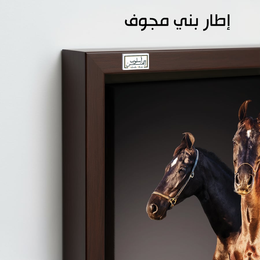 HR102 A contemporary art piece depicting two horses, one brown and one black, standing side by side against a dark background. The painting captures the power and beauty of the horses, bringing a sense of strength and elegance to any space
