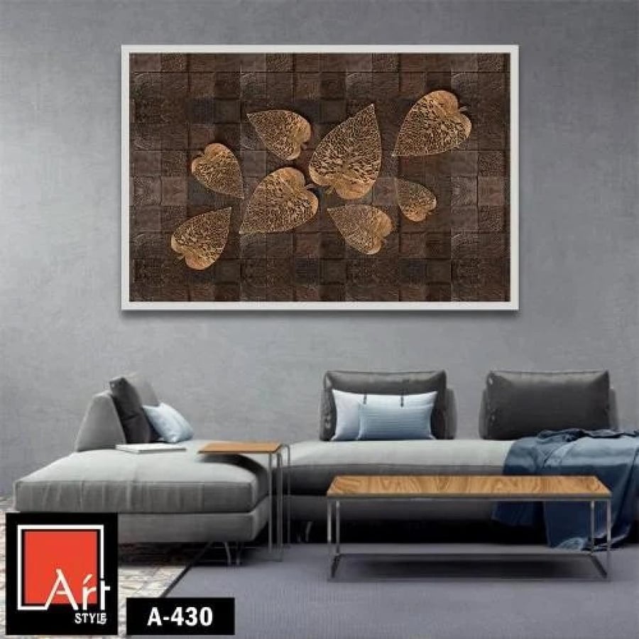 A430 An abstract painting depicting golden leaves on a wooden background, reflecting nature and timeless beauty.