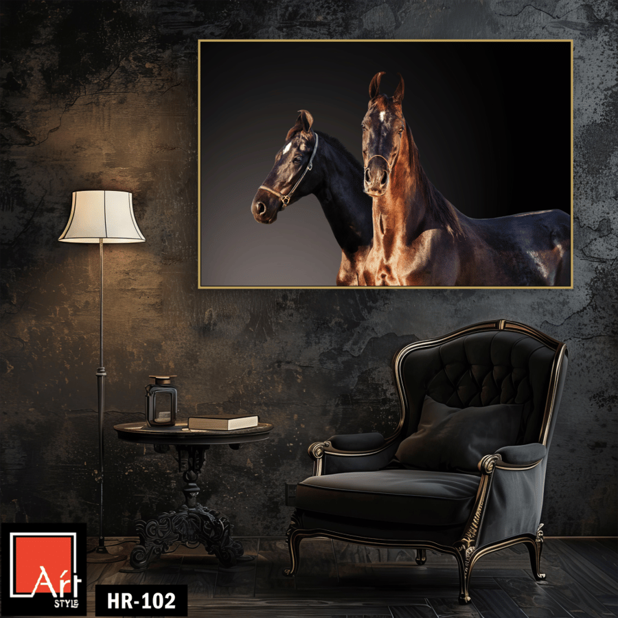HR102 A contemporary art piece depicting two horses, one brown and one black, standing side by side against a dark background. The painting captures the power and beauty of the horses, bringing a sense of strength and elegance to any space