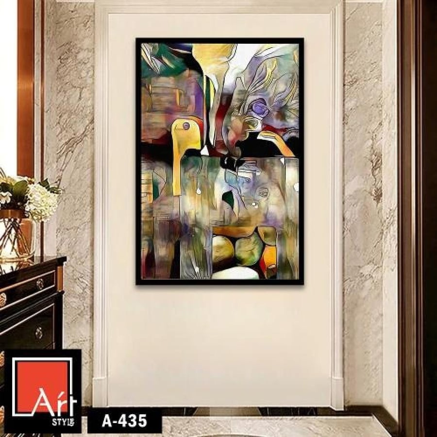 A435 An abstract painting in vibrant colors, combining geometric shapes and human faces, expressing expressionism and imagination.