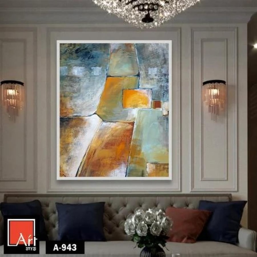 A943 A modern abstract painting featuring a blend of earthy and muted colors, with pops of vibrant hues. The painting consists of a group of overlapping geometric shapes, creating visual depth and a sense of movement. The painting evokes a feeling of ca