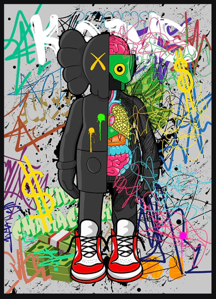 لوحة كانفاس جدارية مودرن بوب آرت شخصية KAWS جرافيتي 120*80 إطار أسود