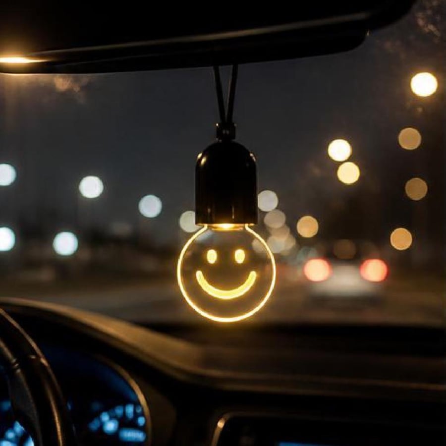 تعليقة سيارة مضيئة بتصميم وجه مبتسم - إضاءة LED تضيف بهجة لسيارتك