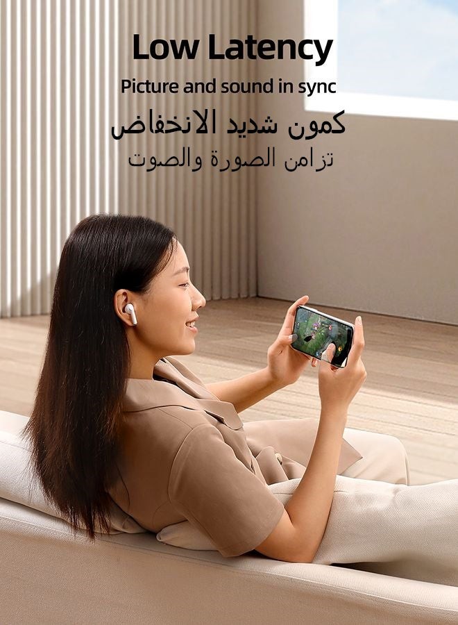جوي روم سماعات رأس بلوتوث لاسلكية منخفضة الكمون 5.3 IPX4 مضادة للماء شبه داخل الأذن مع علبة شحن لهواتف iPhone وHuawei وSamsung وXiaomi باللون الأبيض 300 mAh
