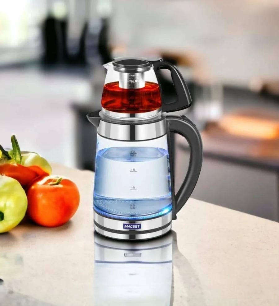 غلاية كهربائية مع ابريق شاي، 2 في 1، غلاية 2 لتر + ابريق شاي 750 مل، اسود وفضي - MC-63320 - (MC-63320)