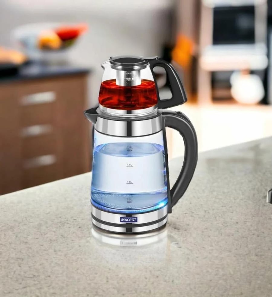 غلاية كهربائية مع ابريق شاي، 2 في 1، غلاية 2 لتر + ابريق شاي 750 مل، اسود وفضي - MC-63320 - (MC-63320)