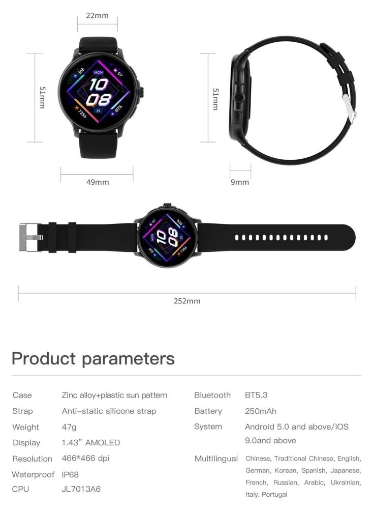 ساعة ذكية بشاشة AMOLED بدقة 446x446 DPI وقياس 1.43 بوصة، تدوم البطارية حتى 7 أيام، مقاومة للماء IP68، أكثر من 123 وضع رياضي، مراقبة معدل ضربات القلب، الاتصال الصوتي عبر بلوتوث 5.2، تأتي مع شريطين