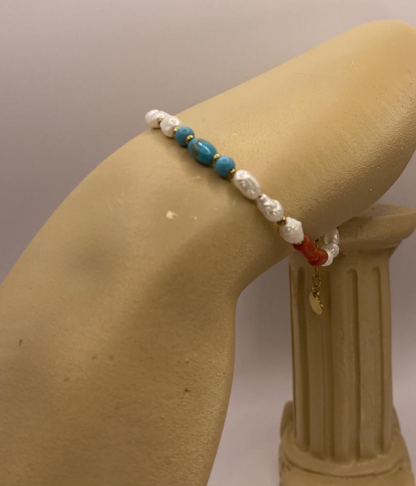 Coral, turquoise, and pearl bracelet