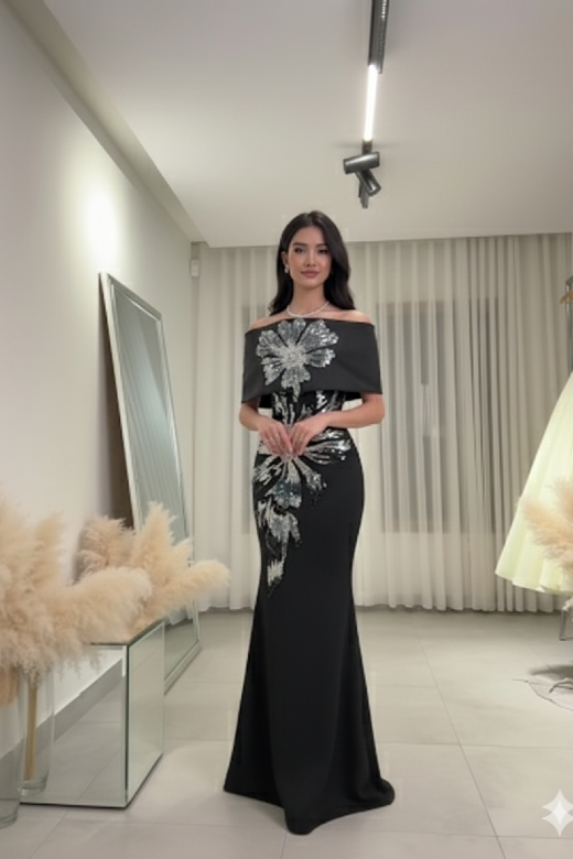 طقم أسود من فستان وقطعة علوية بكتف ساقط درامي