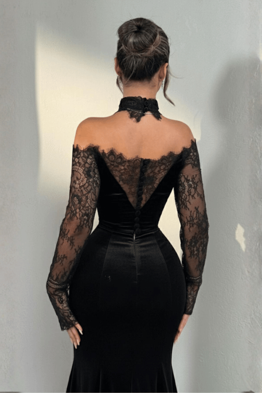 فستان سهرة أسود مخمل كوري دانتيل مع تشوكر رقبة ايليت سارا