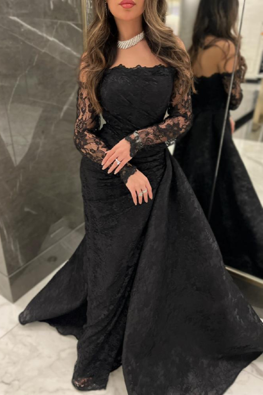 فستان سهرة أسود أنيق بدون حمالات مع أكمام دانتيل طويلة
