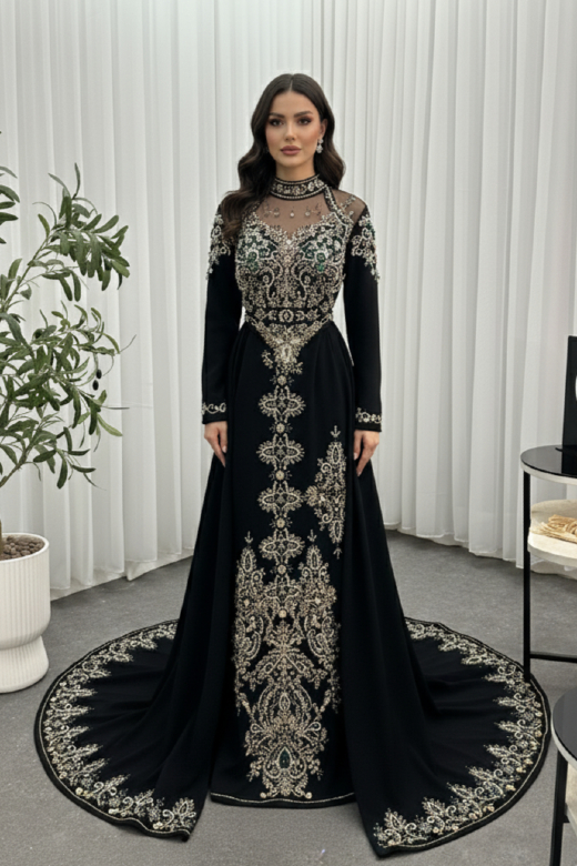 طقم سهرة أسود مكون من بلوزة وتنورة بتطريز يدوي