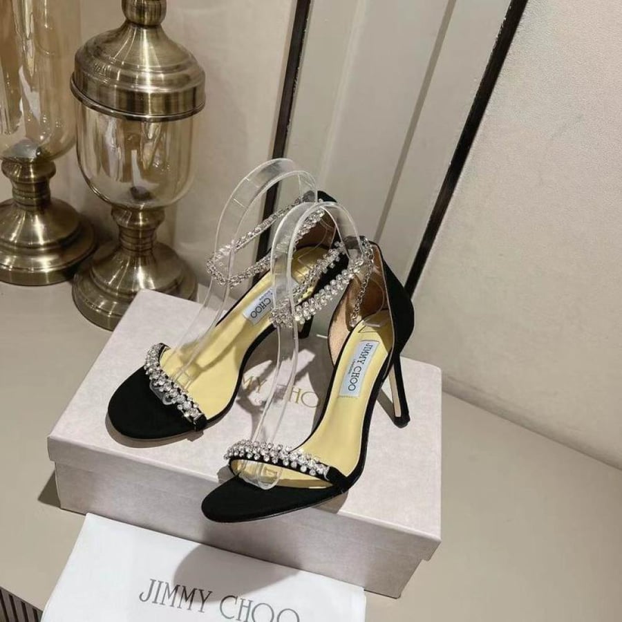 Jimmy Choo Crystal-Strap Suede Sandal in Black