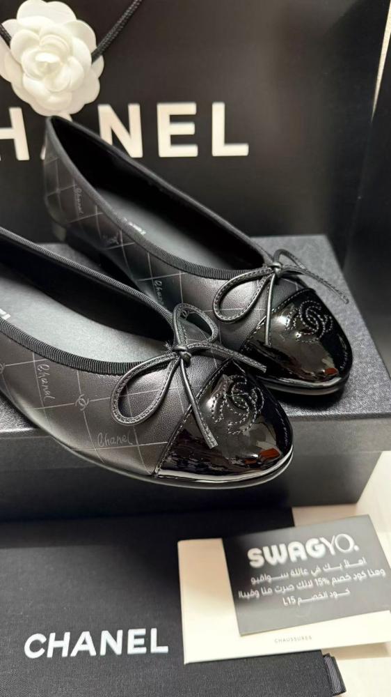 Chanel Ballet Flats Black Quilted with Bow Patent Toe & CC
