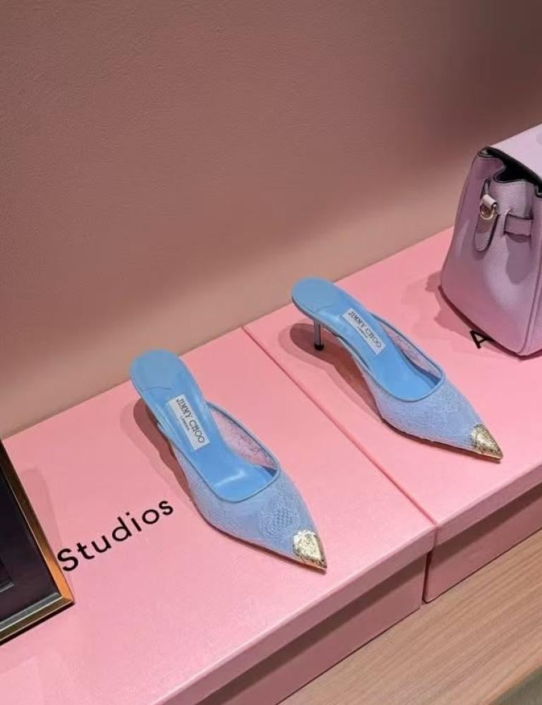 Jimmy Choo Lace Mule in Sky Blue with Gold Toe