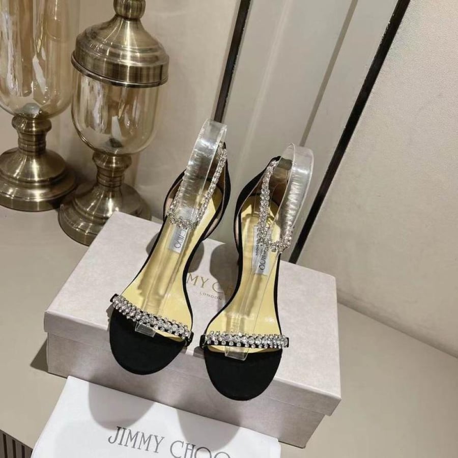 Jimmy Choo Crystal-Strap Suede Sandal in Black