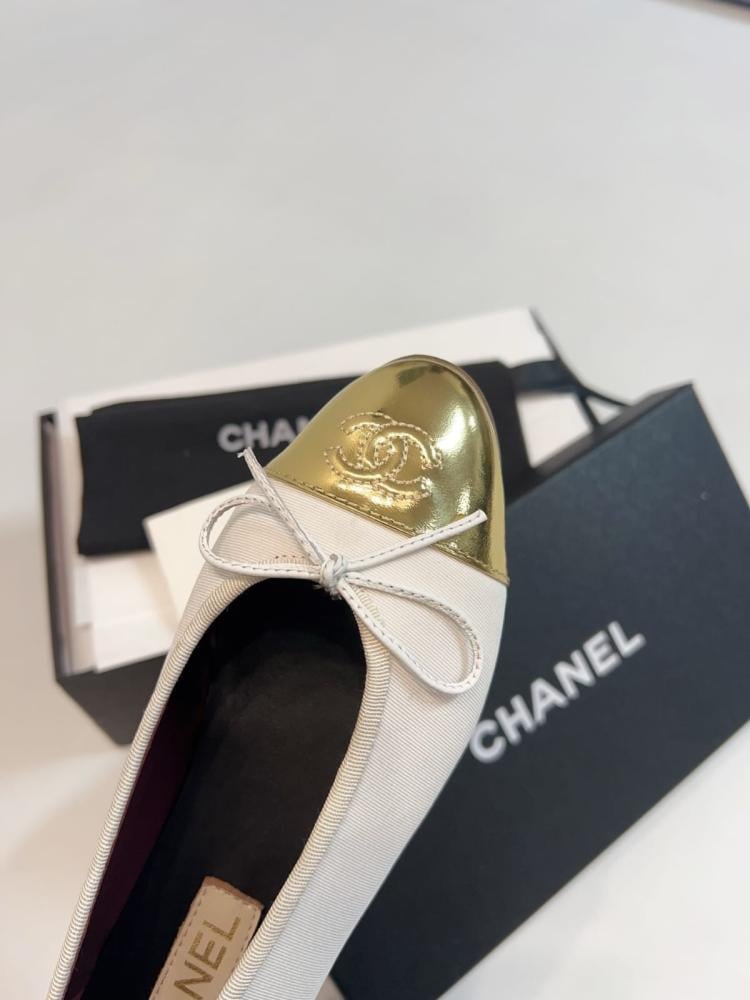 Chanel Ballet Flats Ivory with Gold Toe Bow CC & Gold Heel