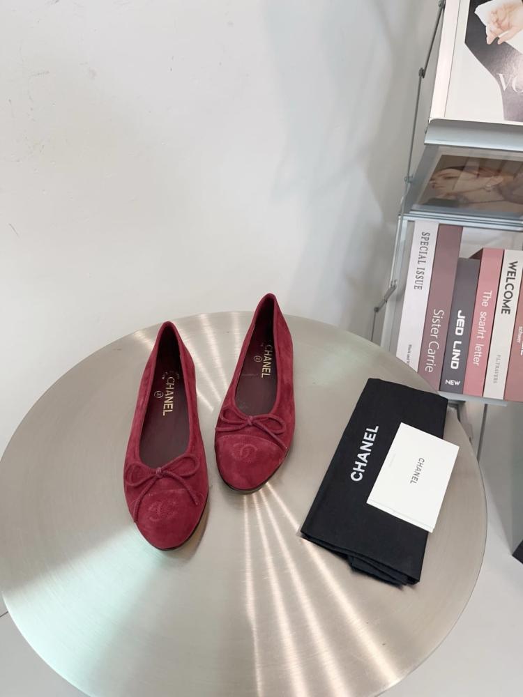 Chanel Ballet Flats Suede Burgundy with Bow & CC