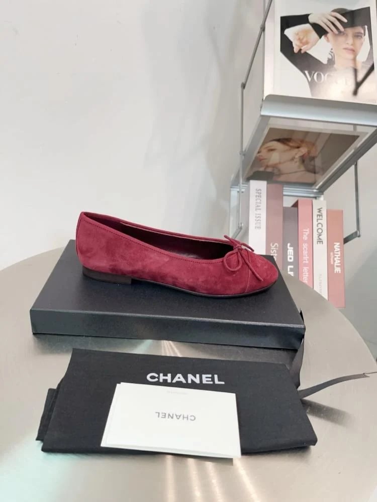 Chanel Ballet Flats Suede Burgundy with Bow & CC