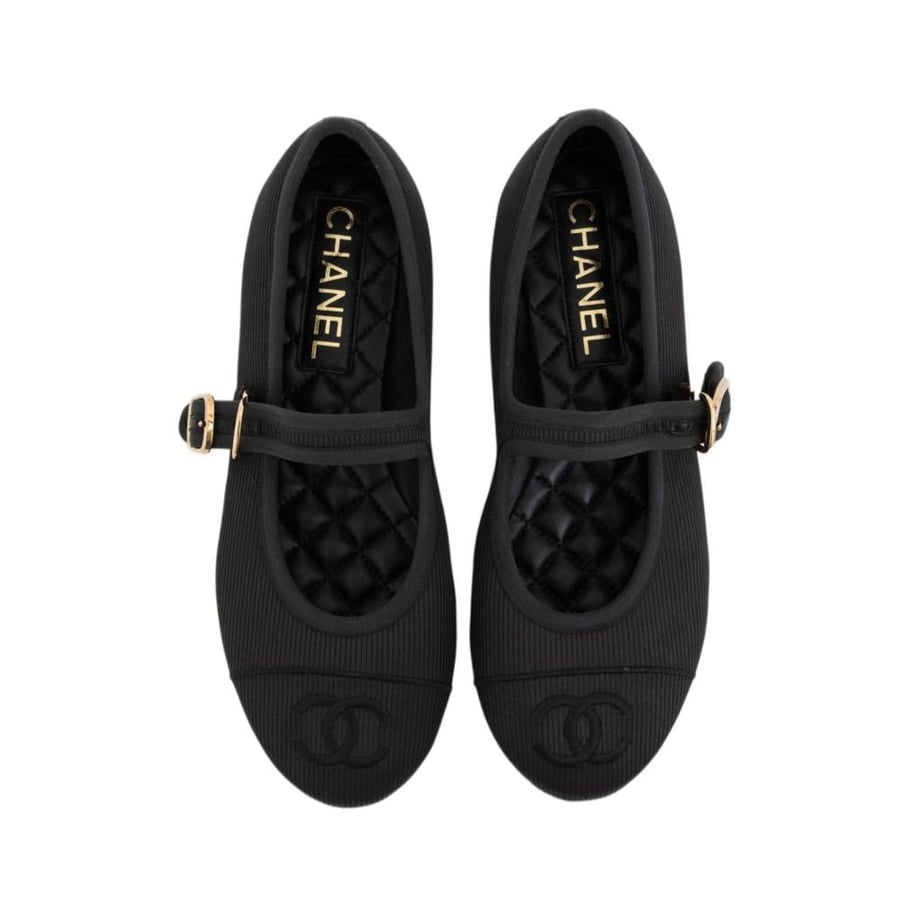 Chanel Mary Jane Flats Grosgrain & Quilted Lambskin CC — Black