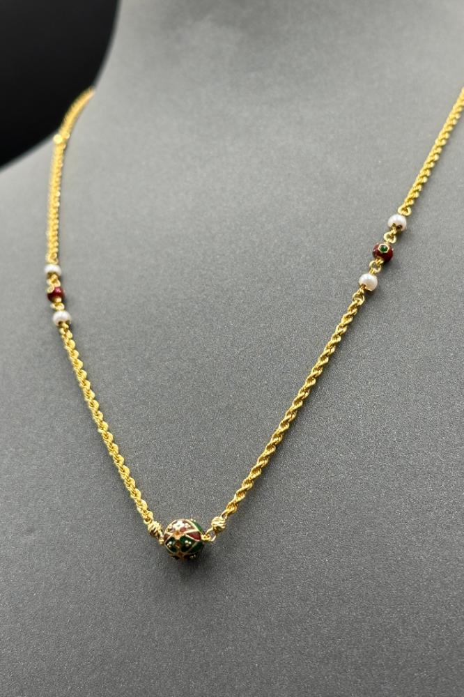 Indian Design Twisted Gold Necklace with Beads, 21K, Weight 3.6 grams