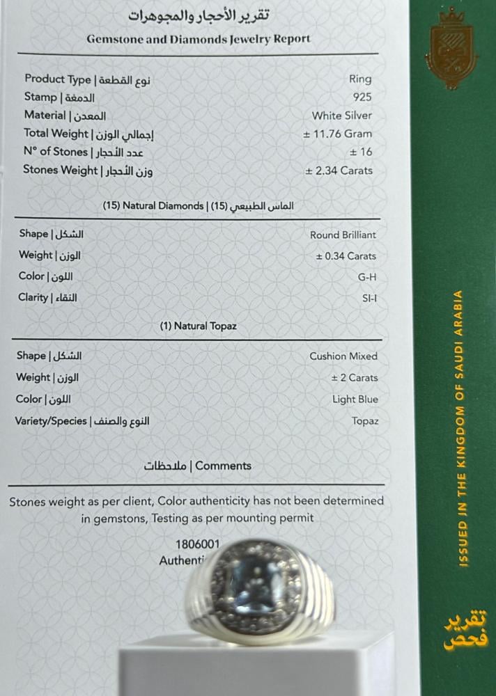 افخم خاتم الماس رجالي عيار 925 مزين بحجر التوباز وزن 11.76 جرام