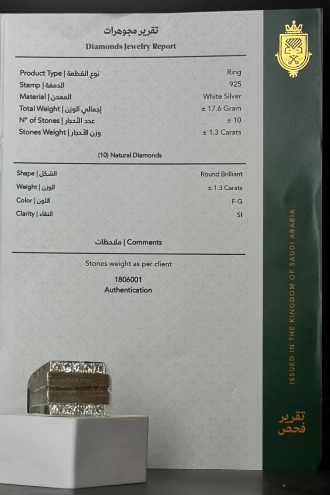 خاتم فضة رجالي مرصع الماس عيار 925 وزن 17.6 جرام -هيبة عصرية