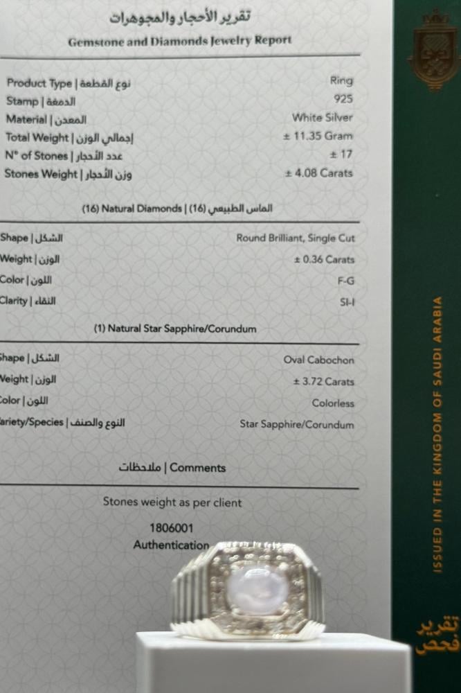 ارقي خاتم فضه رجالي عيار 925 مع ألماس بحجر الزفير النجمي 11.35 جرام