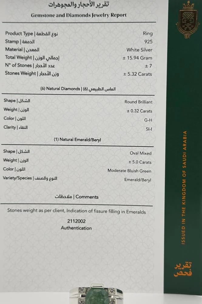 خاتم فضه رجالي  عيار 925 مع الماس بحجر الزمرد الوزن 15.94