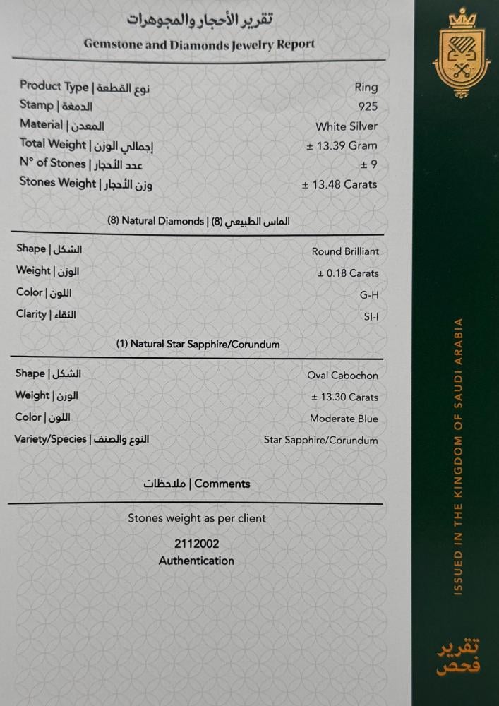 خاتم رجالي فضة عيار 925 مع الماس بحجر زفير نجمي وزن 13.39