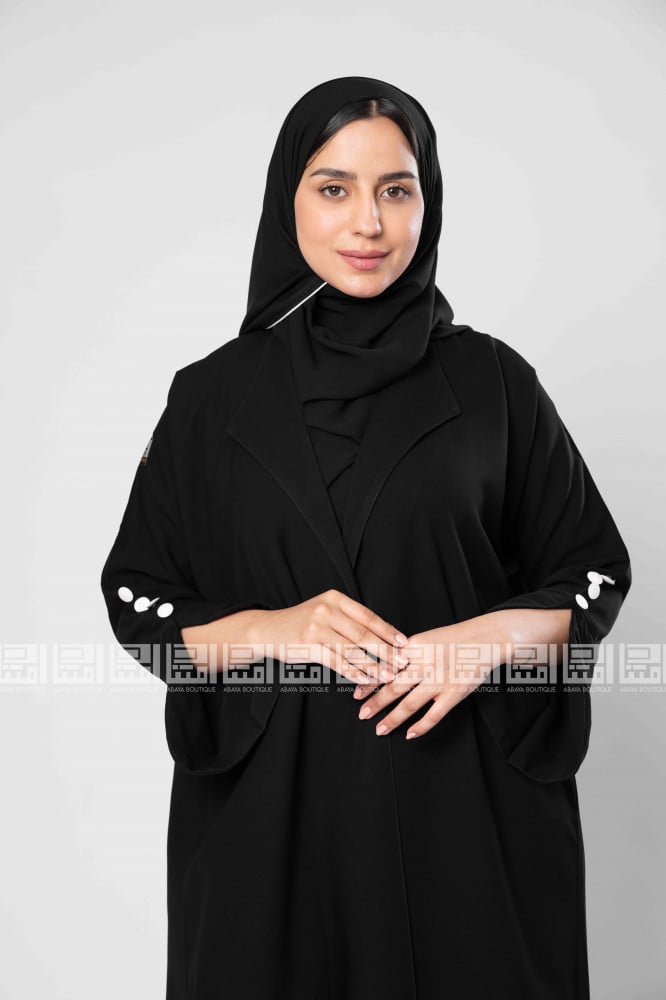 Black abaya with crepe fabric, white bazaarier - 1312