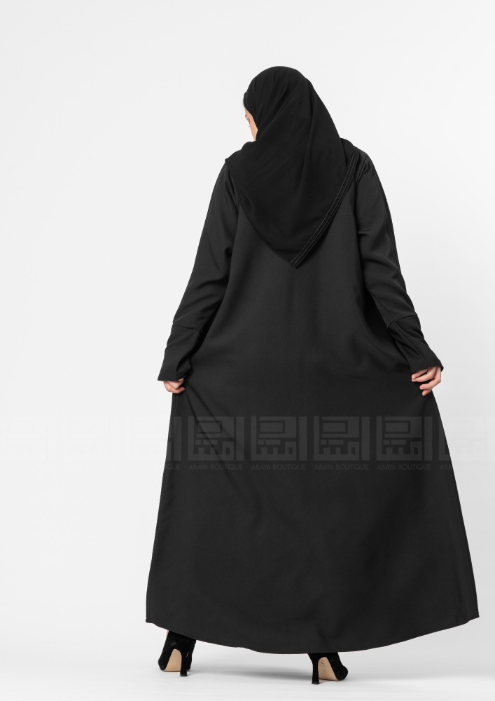 Black practical abaya crepe with sleeves featuring thumb openings 1369