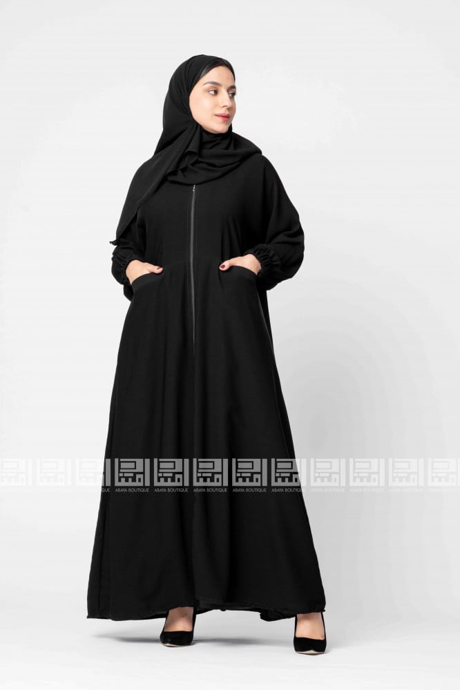 عباية سوداء سادة بسحاب و جيوب-1301