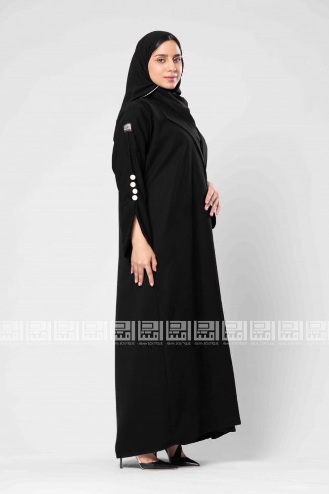 Black abaya with crepe fabric, white bazaarier - 1312