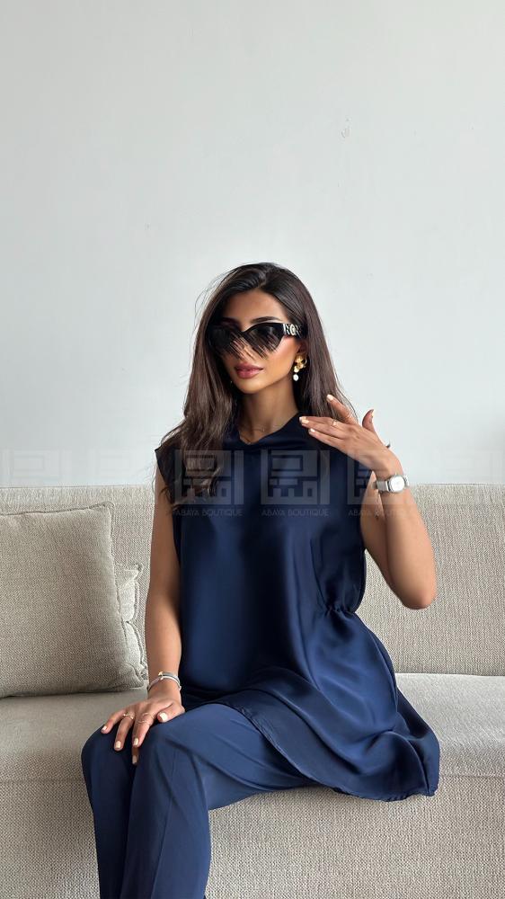 Dark blue package abaya bisht with an elegant silk set - 1576