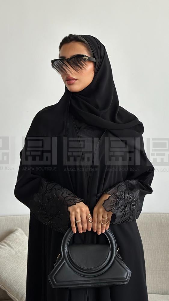 Black abaya quarter kalash cool with embroidery of the rose- 1393
