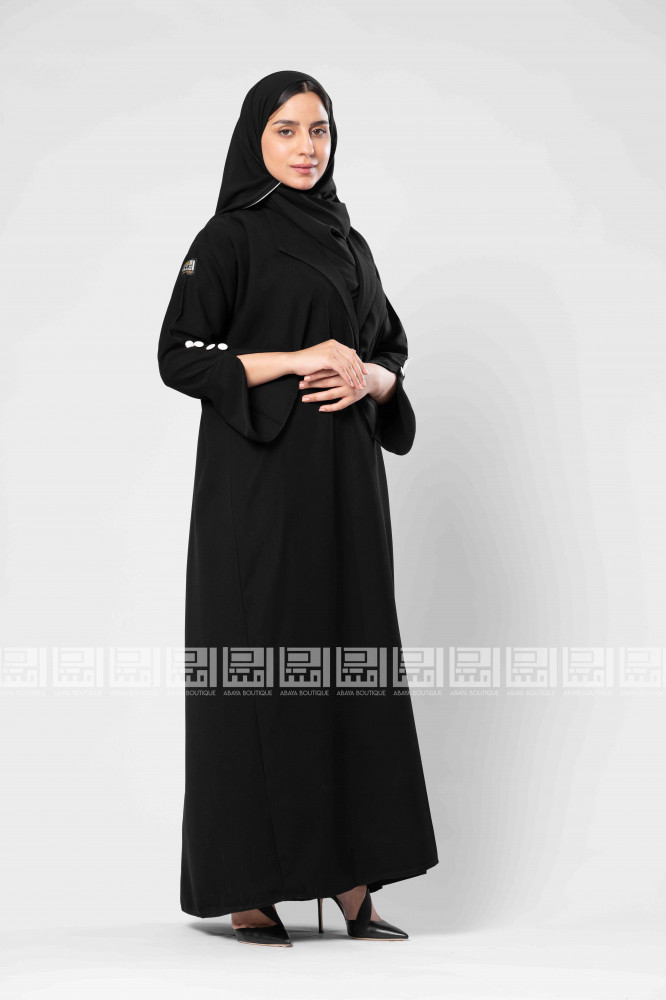 Black abaya with crepe fabric, white bazaarier - 1312