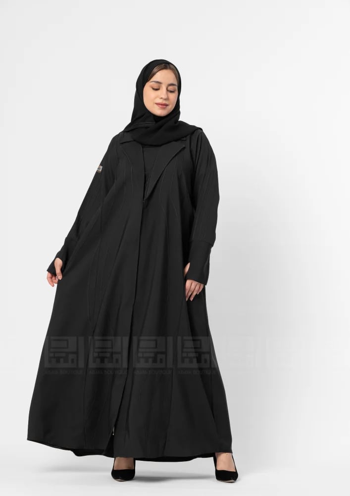 Black practical abaya crepe with sleeves featuring thumb openings 1369