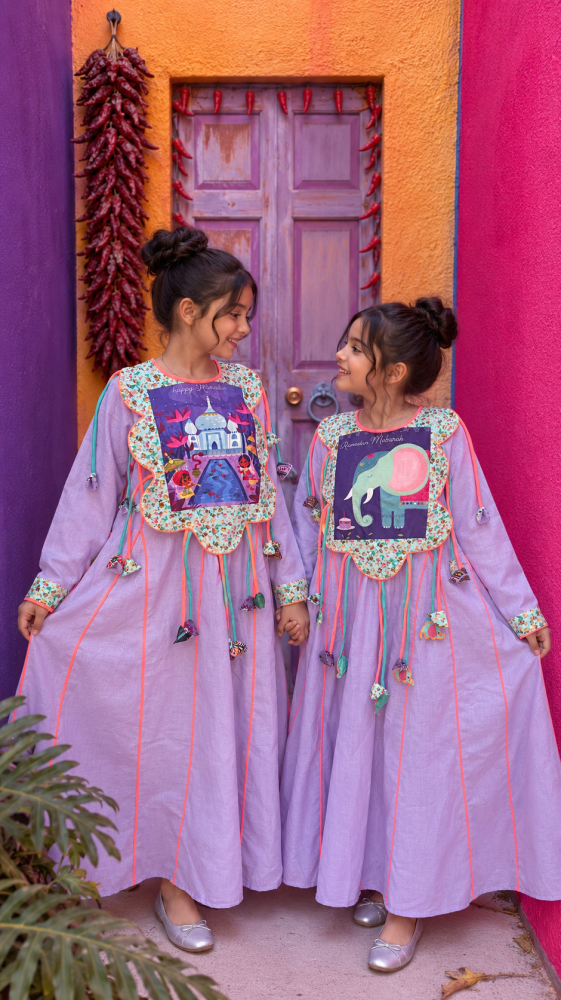 جلابية بناتي بموديل مميز من اللنن  بصورة بيت مطبوعة على الصدر