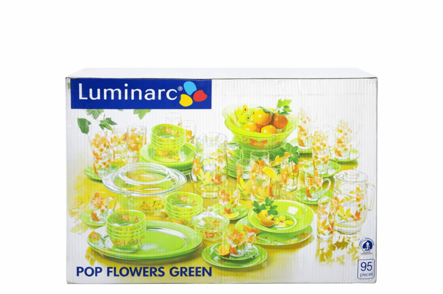 طقم أوركبال فرنسي من شركة Luminarc (95 قطعة) – POP FLOWERS GREEN – طقم أوركبال نقش POP FLOWERS GREEN
