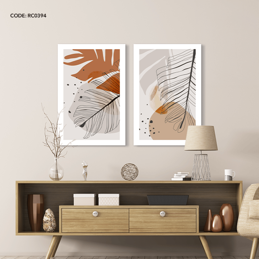 A canvas wall painting depicting leaves in shades of brown, gray, and beige.