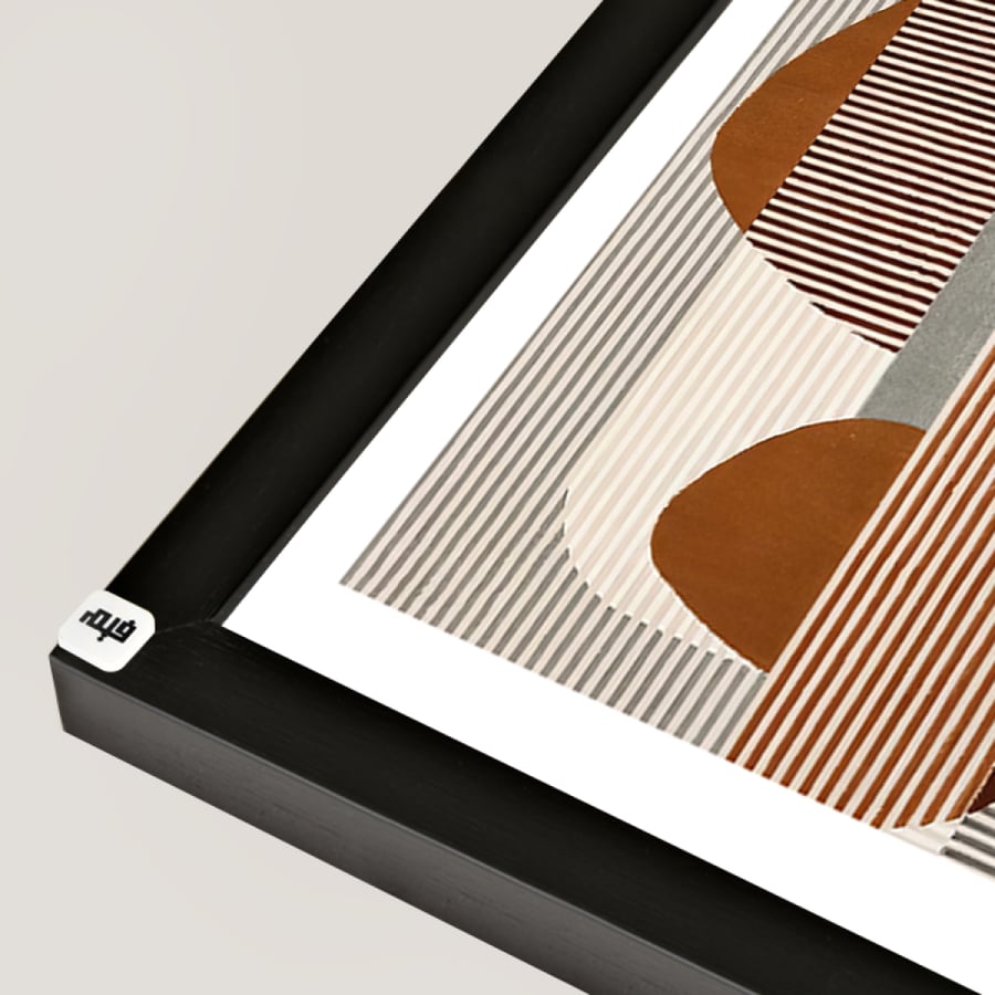 Canvas wall art featuring shapes and lines in shades of brown, black, and beige.