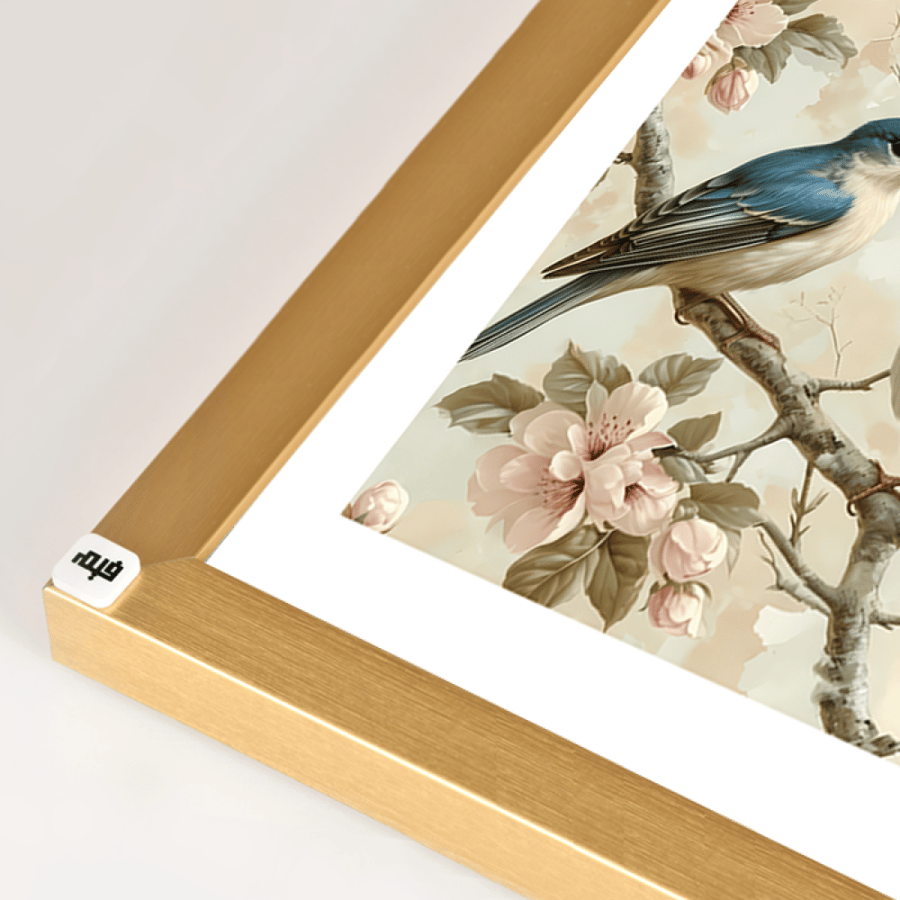 A canvas mural depicting two birds in shades of blue on a branch