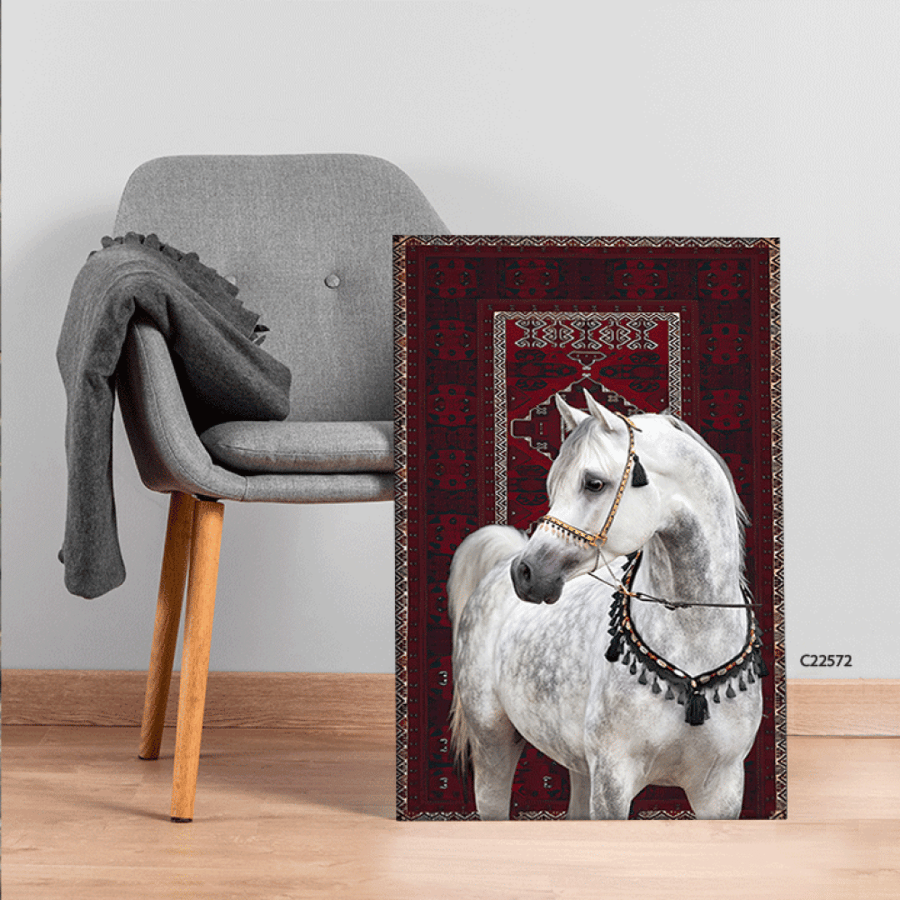 لوحة جدارية كانفس خيل عربي ابيض خلفية سجاد