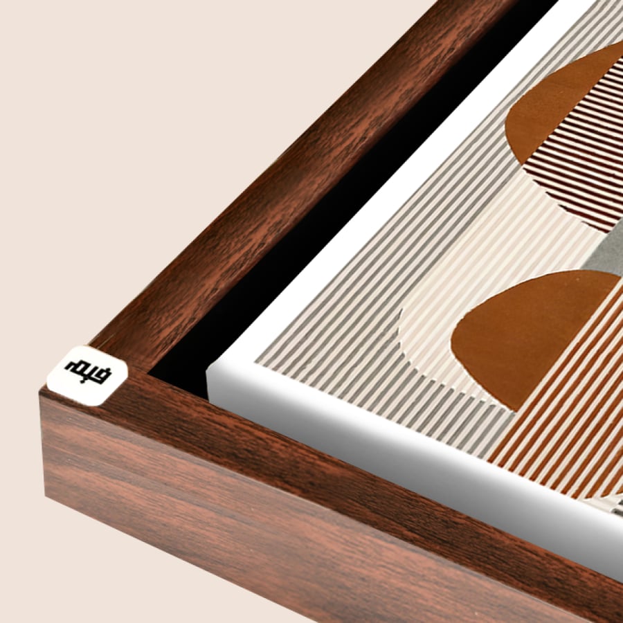 Canvas wall art featuring shapes and lines in shades of brown, black, and beige.