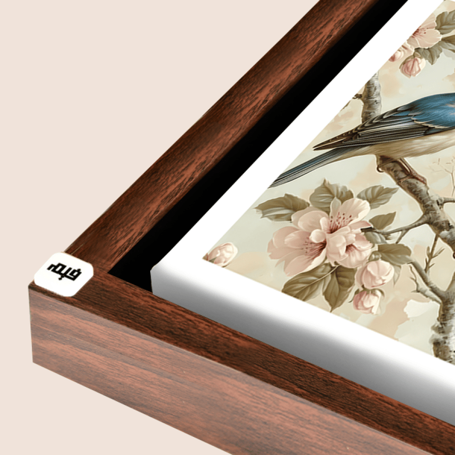 A canvas mural depicting two birds in shades of blue on a branch