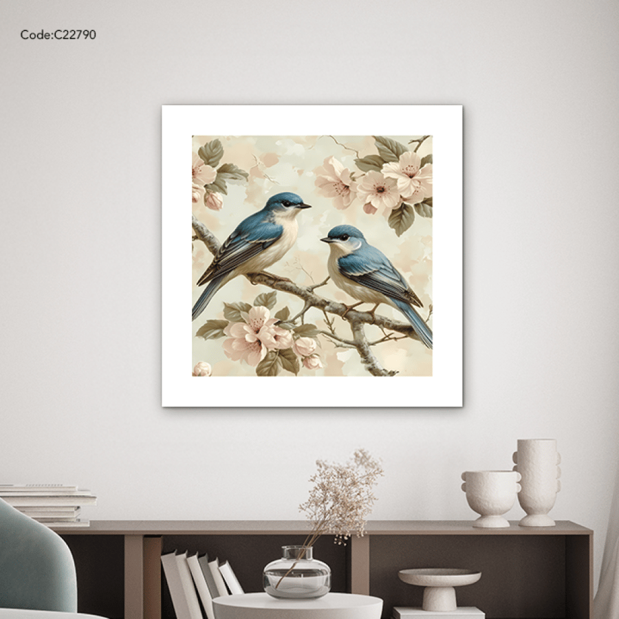 A canvas mural depicting two birds in shades of blue on a branch